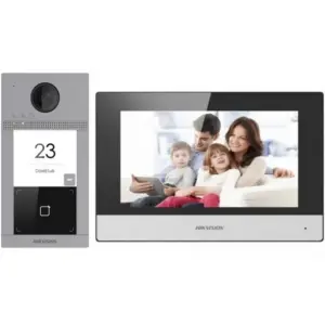 Kit videocitofono IP Hikvision DS-KIS604-P(C) – 1 pulsante, monitor da 7", WiFi, PoE, lettore Mifare, videocitofono